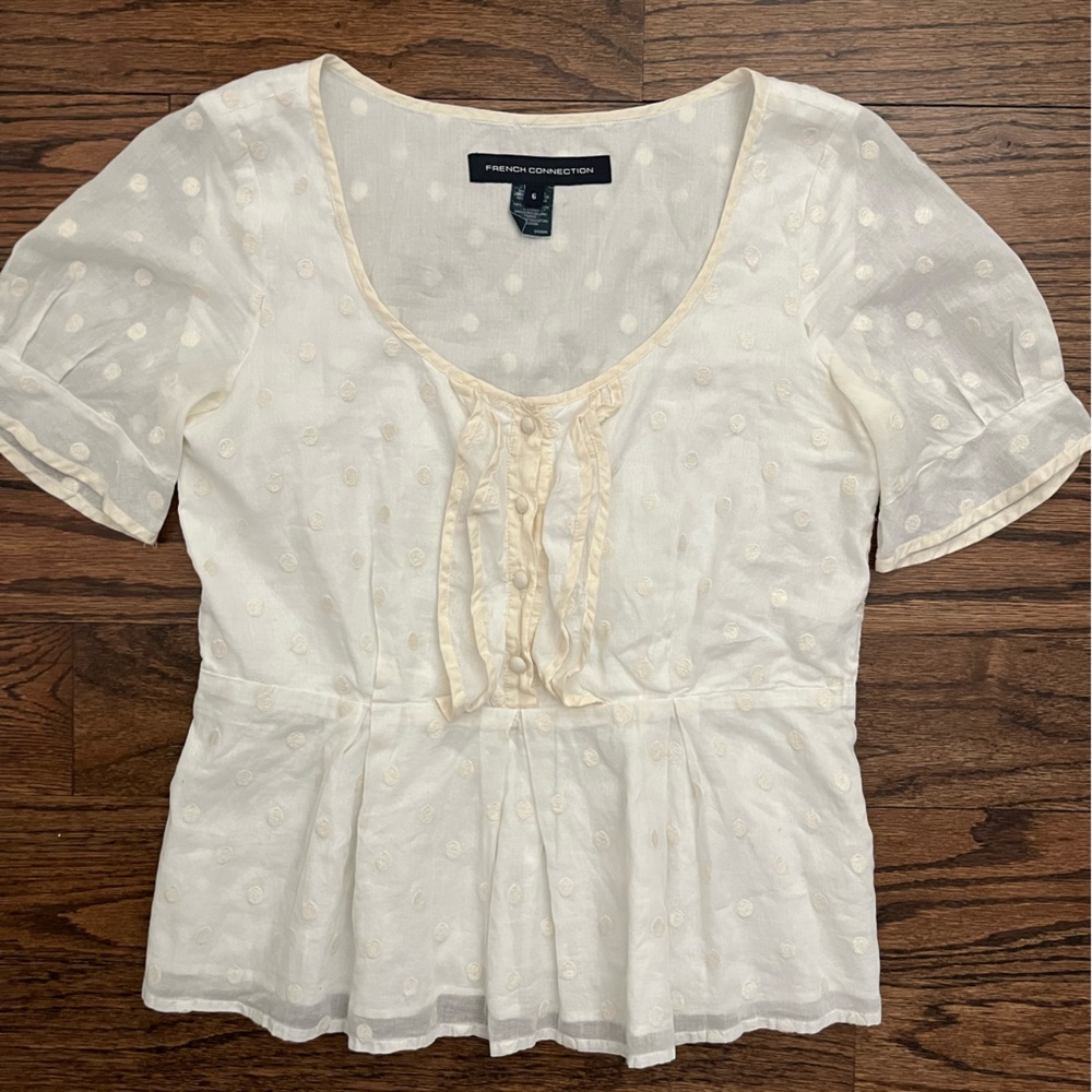 French Connection Ivory Cotton Embroidery Polka Dot Blouse With Cream Trim.